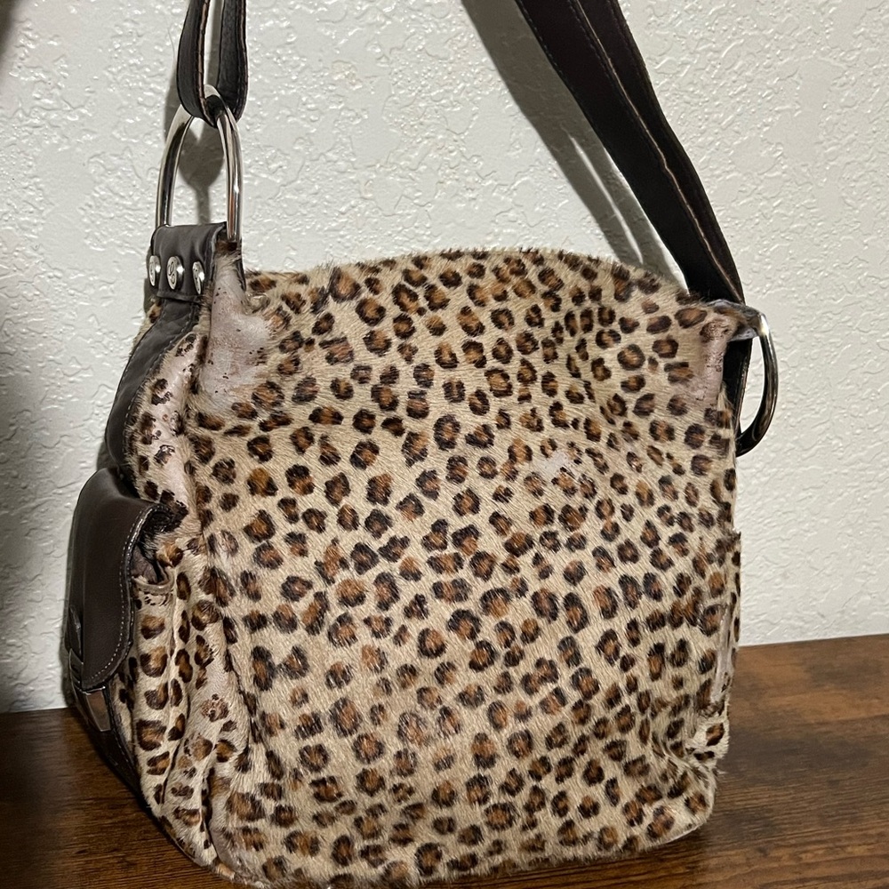 Christina Italian Made Cheetah Design Leather Hide Handbag Two Zippered, X-Body